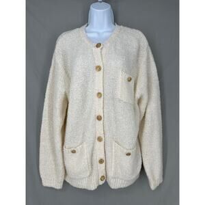 90s Vintage Cardigan Sweater Womens Large Cream Gold Button Knit Cozy Minimalist